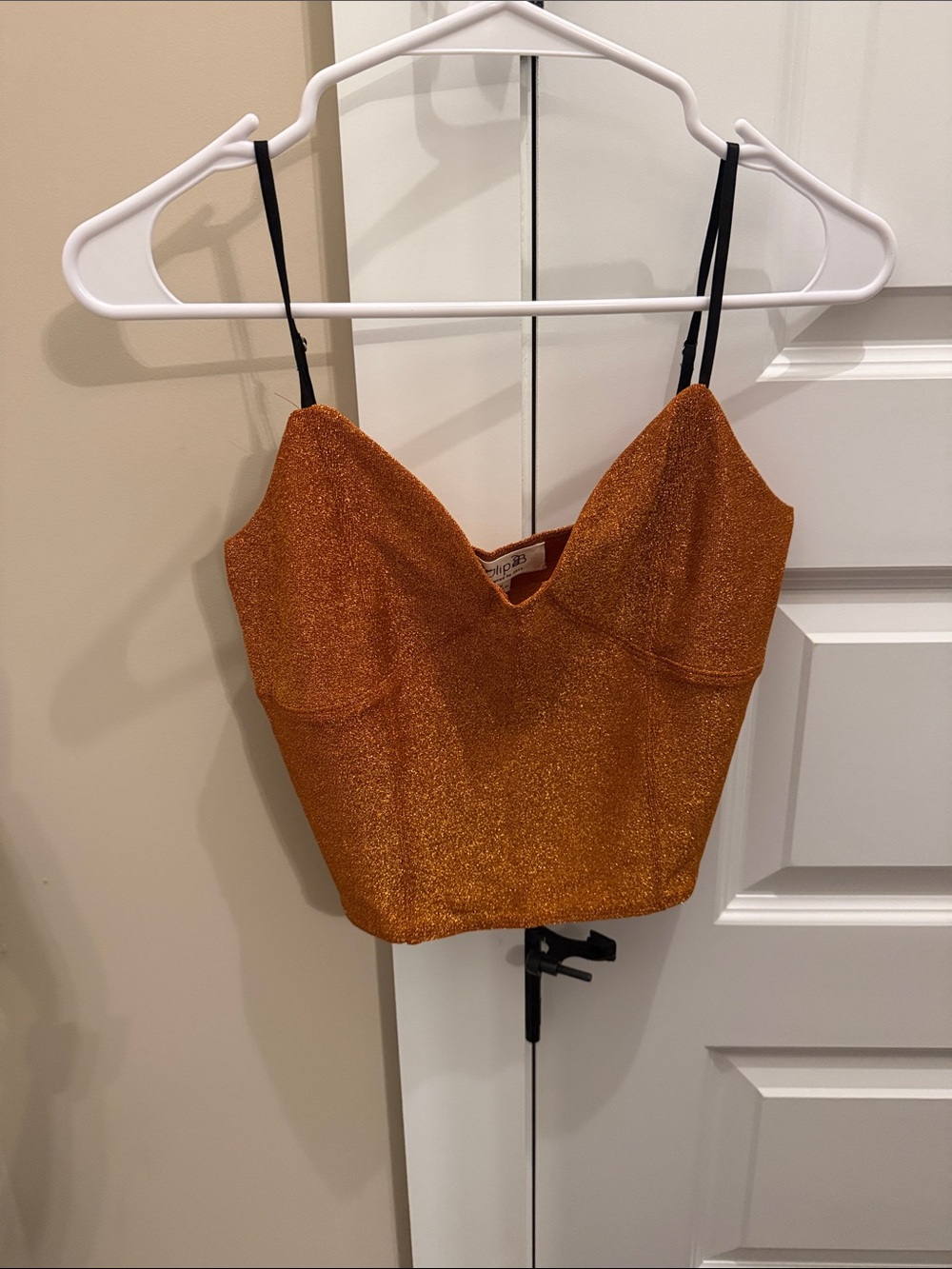 Metallic Orange Sparkle Crop Top with Black Straps